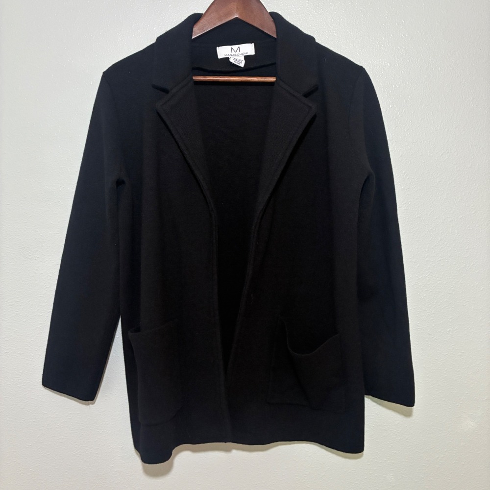 Magaschoni Womens Black Knit Blazer Cardigan Cotton Wool Blend Open Front Small